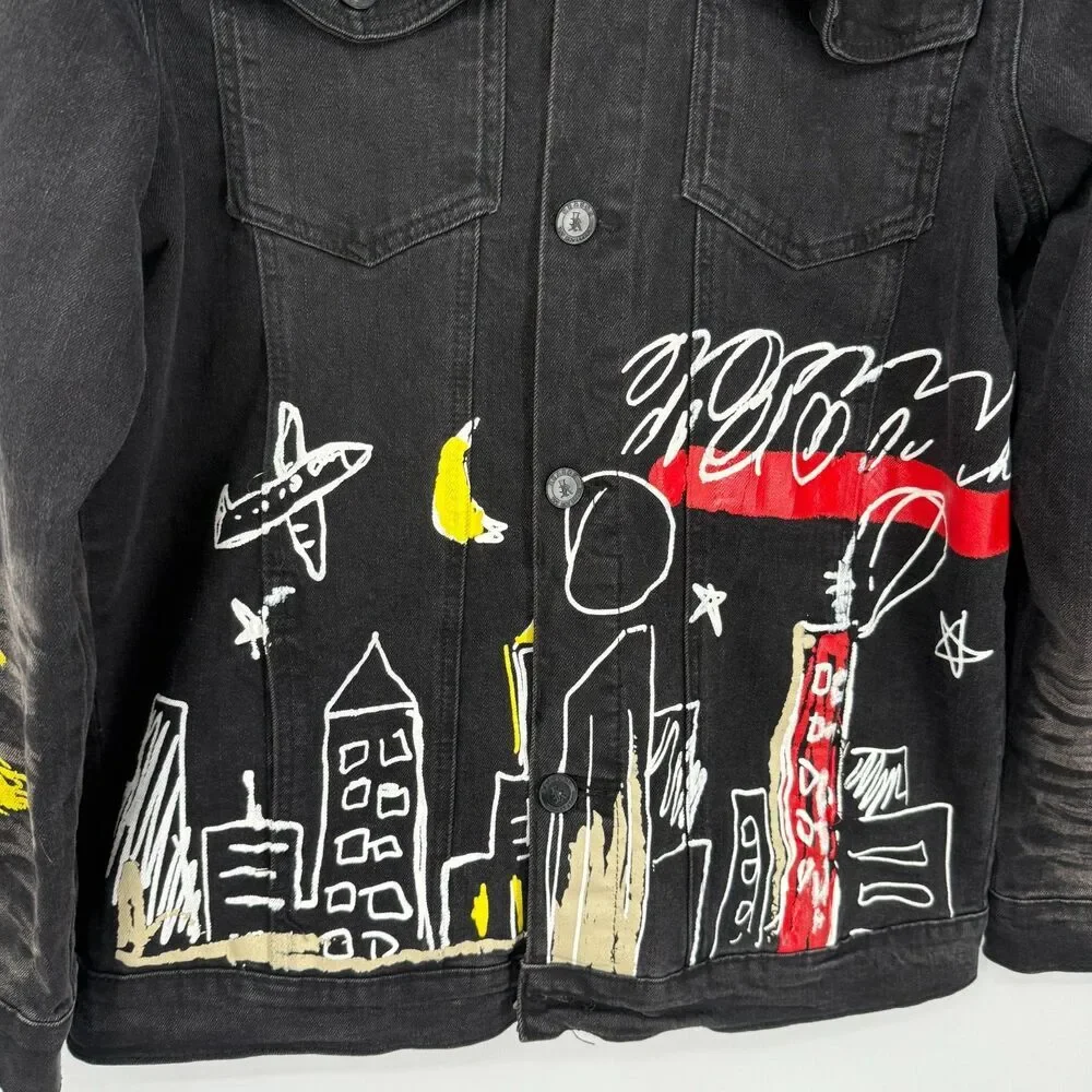 Reason Denim Jacket Graffiti Biker Emo Grunge Streetwear Art to Wear Men Size L